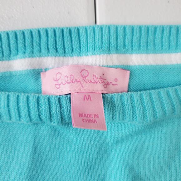 Lilly Pulitzer Sweater Womens Medium Blue Looong Weekend Cotton Pullover Top - Picture 3 of 10